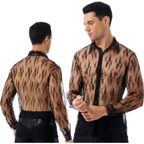 Men Fashion Latin See-through Floral Lace Shirt Turn-down Collar Long Sleeve Button Tops for Party Nightclub Stage Performance