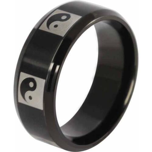 EAMIOR 8 mm Chinese Style Tai Chi Gossip Men Ring Black 316 L Stainless Steel Beautiful Plated Band Anniversary Accessory Gift