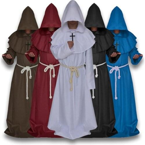 Medieval Costume Men Women Vintage Renaissance Monk Cosplay Cowl Friar Priest Hooded Robe Rope Cloak Cape Clothing
