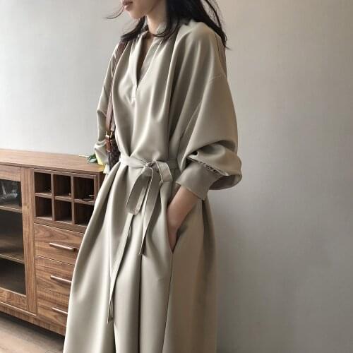 Spring Solid V-neck Loose Dress Women 2021 New Korean Casual Vintage Long Sleeve Elegant Lace Up Long Dress
