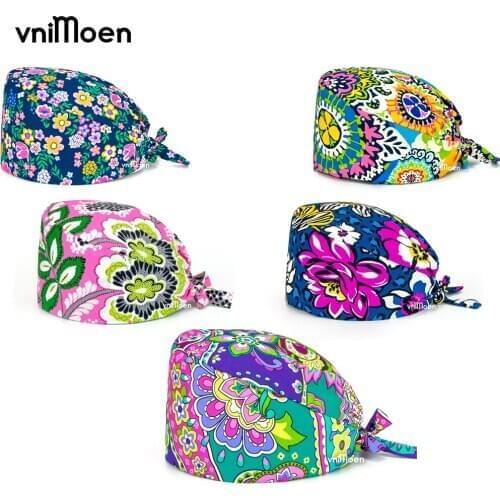 Floral printed Dental Surgical cap Dust cap Beauty cap Scrub Caps Cotton Tieback scrub hats for women pharmacy nursing hat