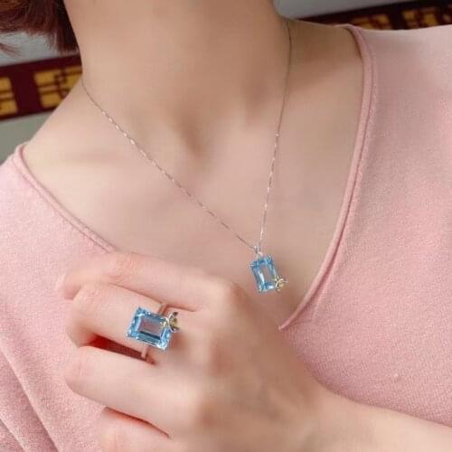 Luxury topaz ring and pendant set for wedding 10mm*14mm natural light blue topaz jewelry set 925 silver topaz jewelry gift for