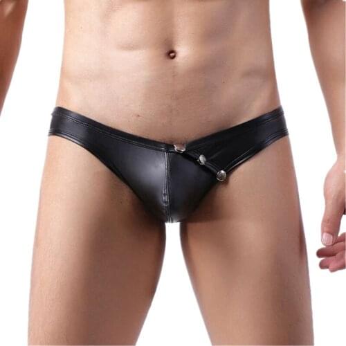 Sexy Briefs Shorts Men Underwear Black Leather Panties Detachable Buckle Pouch Low Rise Underpants Ropa Interior Hombre M-XXL