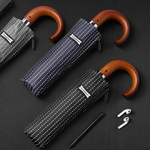 Luxury Wooden Handle Automatic Umbrella Business Men Gift Windproof 10 Ribs Sun Golf Umbrellas Folding Anti UV Parasol Stripe