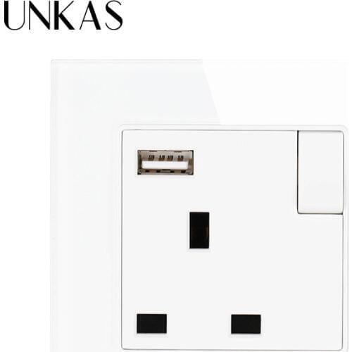 UNKAS Output 5V 2.1A Crystal Glass Panel 3 Hole UK standard electrical socket Switched With USB outlet Charge Port For Mobile