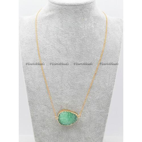 Green Druzy Quartz Oval Shape Stone Pendant Linked Chains Necklace Fashion Woman Jewelry