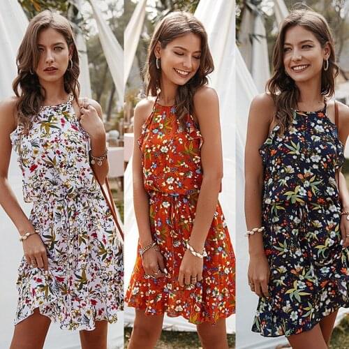 2021 Summer New Style Ladies Casual Sleeveless Ruffled Slim Backless Printed Mini Dress