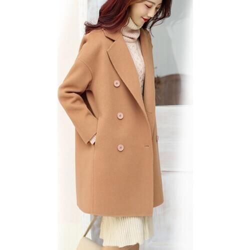 Wool pockets double breasted turn down collar long sleeve oversized loose casual fall winter long coat jackets women peacoat 146