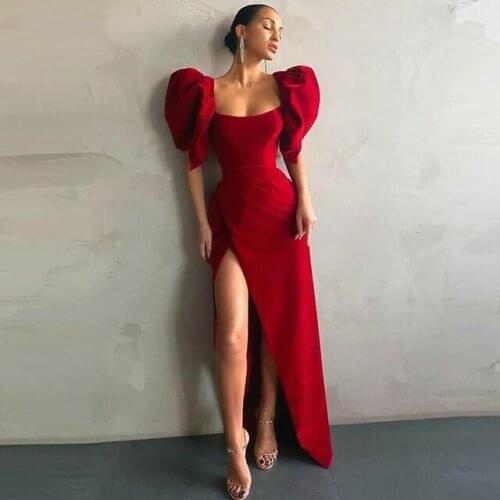 2021 Mermaid Evening Dresses Women Simple Side Split Sexy Prom Gowns Puff Sleeves Eleglant Party Dress vestido de fiesta de boda