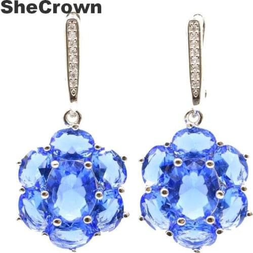 38x17mm SheCrown Jewelry Set Created Rich Blue Violet Tanzanite White CZ For Sister Silver Pendnat Earrings