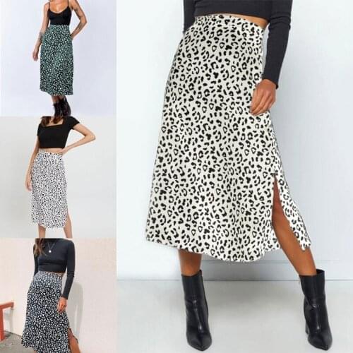 40GC Women High Waist Leopard Print Sexy Side Split Chiffon A-Line Midi Long Skirt
