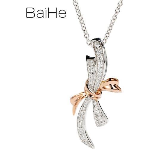 BAIHE Solid 18K Rose Gold Round H/SI 0.18ct Natural Diamonds Wedding Trendy Fine jewelry Gift Beautiful diamond bow Necklaces