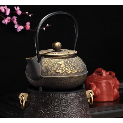 Free shipping Japanese Cast Iron Pot Uncoated Iron Teapot Southern traditional golden Peony Big Kettle Drinkware Kung Fu tea pot