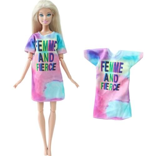 BJDBUS One Pcs Doll T-shirt Dress Colourful Letter Fashion Cool Graffiti Clothes for Barbie Doll Accessories Baby Girl DIY Toys
