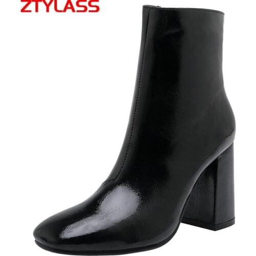 Spring Autumn Ankle Boots Women Patent Leather Boots Fashion Square High Heel Zipper Boots Square Toe Shoes
