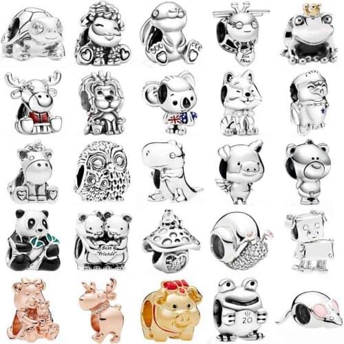 Pan Bright-eyed Turtle Sheep Rabbit Frog Prince Bee Mine Bear Owl Charm 925 Sterling Silver Beads Fit Bracelet DIY Jewelry
