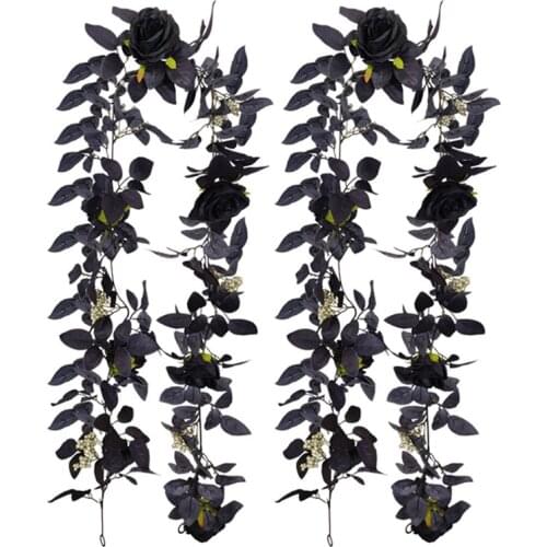 Artificial Silk Black Roses Flower Vine Decorative Fake Cloth Ivy Hanging Rose Garland Home Wall Decoration Faux Plants Leaf