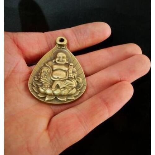 Chinese Hand Carve Pure Brass Religion Happy Maitreya Buddha Small Pendant