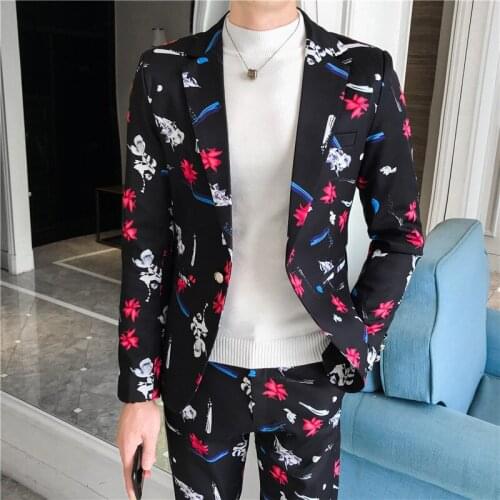 Mens Fashion Personality Print Two Piece Suit Set / Male Bar Party Nightclub Trend Male Suits Blazer Pants Jacket Trousers