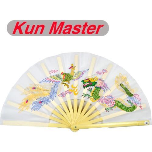 Kun Master 34 Cm Bamboo Chinese Kung Fu Tai Chi Fan With Dragon And Phoenix Design White