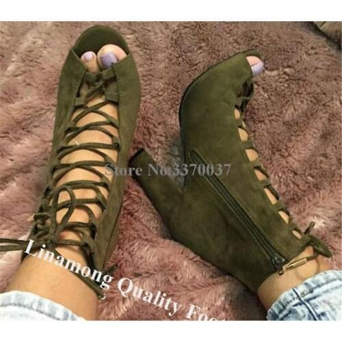 Linamong Western Style Peep Toe Suede Leather Chunky Heel Short Gladiator Boots Lace-up Army Green Thick High Heel Ankle Booties