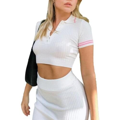 Fashion Women Ribbed Sets Sexy Short Sleeve Solid Turn-down Collar Crop Top Mini Bodycon Skirt Outfit Sets Женский костюм 2021