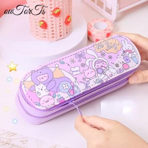 Cartoon 2 Layers Transparent Desktop Magic Storage Box Pencil Case Pen Holder Pencilcase School Office Stationery Kawaii
