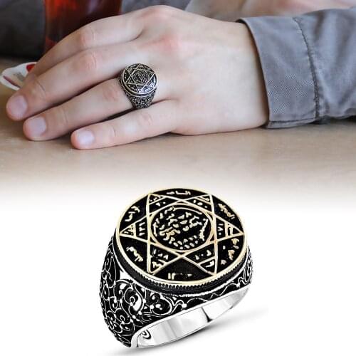 Tesbihane Embroidered Tumbled Color Solomon Seal Motif 925 Sterling Silver Men 'S Ring