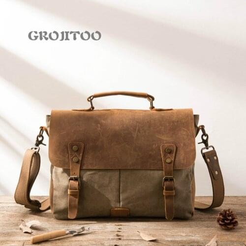 GROJITOO New personalized crazy horse skin canvas bag for man one shoulder diagonal straddle mens shoulder bag