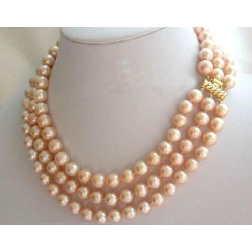 Hot 3 rows 8-9mm Genuine natural south sea pink pearls necklace 17-19 inch