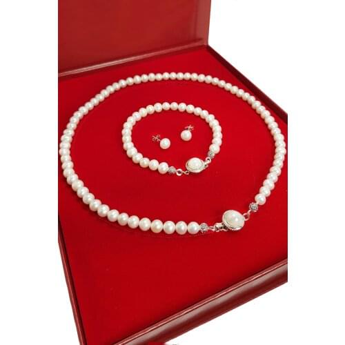 Natural Pearl Necklace Earrings Bracelet Special Boxed Set Ct83