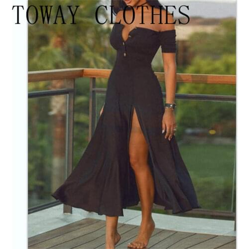 Summer Women Short Sleeve Off Shoulder Short Sleeve Plain High Slit Maxi Dress Casual Vintage Bodycon Party Long Dresses