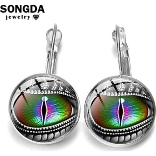 SONGDA Steampunk Eye of the Dragon Earrings Green Eyeball Cool Print Glass Round French Hook Earrings Bronze Silver Color Choose