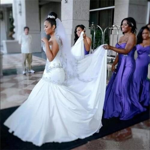Crystals Mermaid Wedding Dresses Sweetheart Neckline Ruffle Beads Sequined Bridal Gowns Satin Plus Size Bridal Gowns Vestido