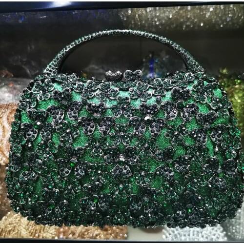 Flower Women Green Silver Color Diamond Evening Bags and Clutches Bags Ladies Wedding Party Dinner Crystal Purses Handbags Purse