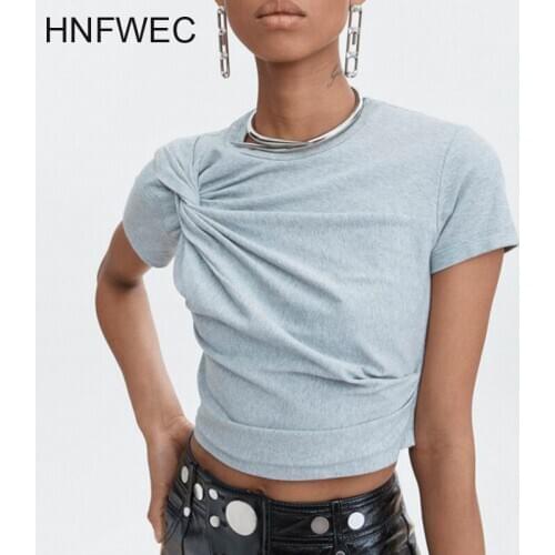 2019 New Spring Fashion Women Clothing Round Neck Short Sleeves Pleated High Waist T-shirt Female Top Q293