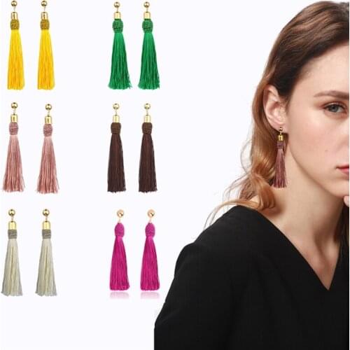 Women Bohemian Crystal Long Tassel Dangle Earrings For Girl Yellow Silk Fabric Drop Rose Flower Lotus Earring Fashion Jewelry