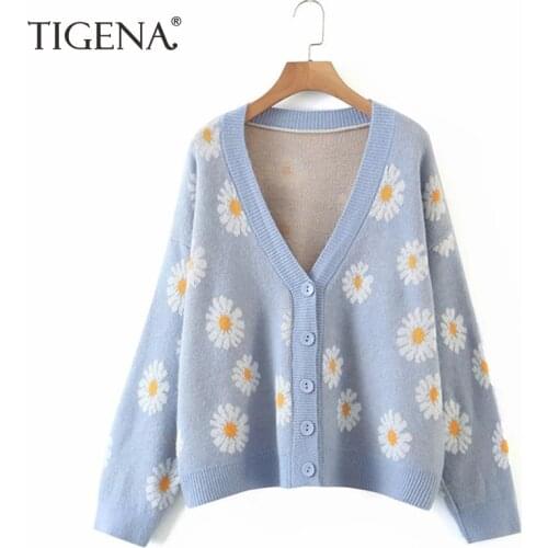 TIGENA Knit Cardigan Women 2021 Autumn Winter Cute Daisy Floral Print Button Loose Cardigan Sweater Female Jacket Coat Blue Pink