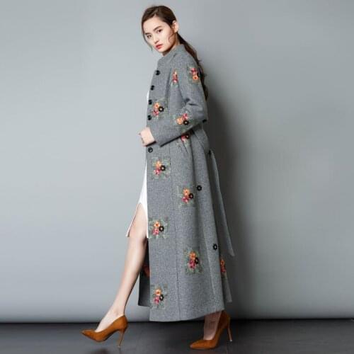 Long Casaco Wool Feminino Plus Size Autumn Winter Coat Women Mandarin Collar Embroidery Floral Coats Abrigos KJ101