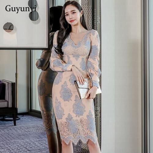 High Waist Flowers Lace Dress 2021 Spring Simple Sexy V-Neck Long Puff Sleeve Temperament Elegant Tight Womens Party Dress