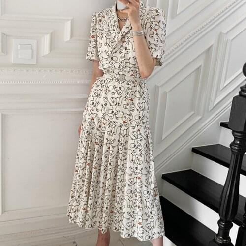 Party Slim Vintage Dress for Women Summer A-Line 2021 Elegant Dresses Women Short Sleeve Dress Holiday Printing French Ethnic