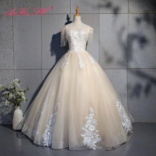 AXJFU princess champagne lace evening dress luxury vintage bride beading peals boat neck flower ruffles lace evening dress