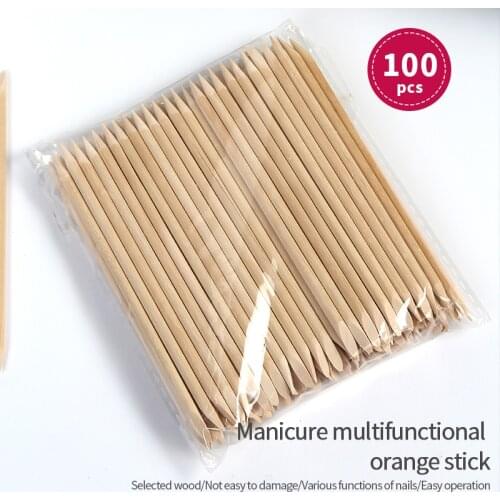 100PCS Wooden Cuticle Pusher Remover Nail Art Design Orange Wood Sticks Rhinestones Dotting Removal Manicure Pedicure Tools