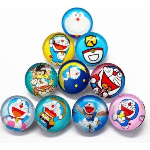 20pcs/lot Random Doraemon Glass Snap Button Cartoon Cat Snap Buttons Fit 18mm Snap Bracelet Replaceable Buttons Jewelry Making