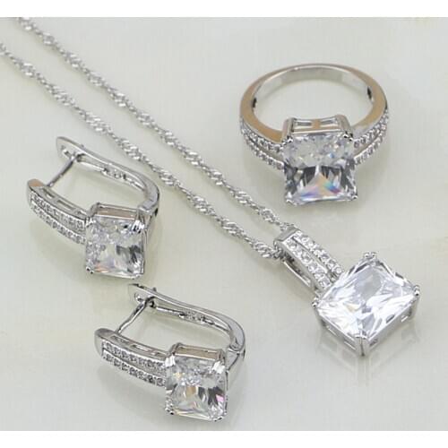 925 Silver Jewelry Sets For Women Wedding Accessories White Cubic Zirconia Crystal Earrings/Pendant/Necklace/Ring