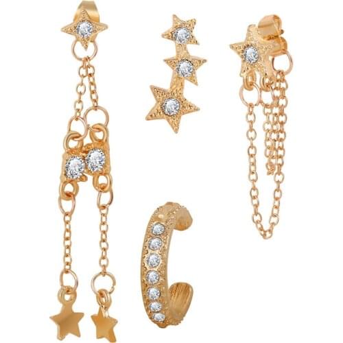 Bohemian Gold Color Long Chain Drop Earrings Punk Mixed Geometric Star Cartilage Earrings for Women Girls Party Jewelry Gift