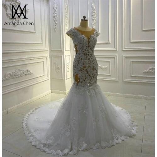 Bruidsjurken Cap Sleeve Lace Appliques Crystal Luxury Mermaid Wedding Dress