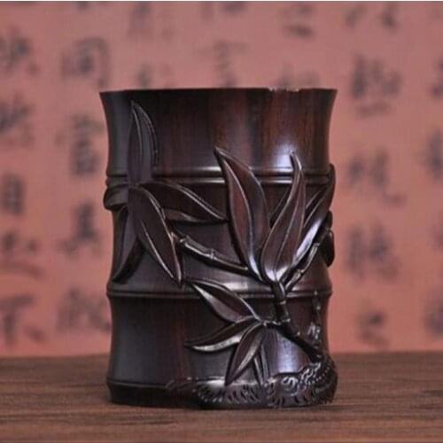 China Wood Carved Dynasty Palace Bamboo Brush Pot Pencil Vase Pen Container