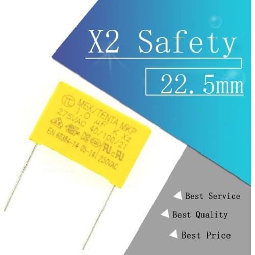 10pcs X2 Safety capacitor 22.5mm 275VAC 275V 0.22UF 0.33UF 0.47UF 0.56UF 0.68UF 0.82UF 1UF 1.2UF 1.5UF 2.2UF Polypropylene film