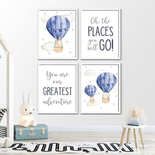 Cartoon Animal Child Canvas Poster Balloon Bunny Elephant Wall Print Adventure Art Painting Nordic Kid Boy Bedroom Decor Picture